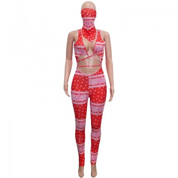 Beyprern Vintage Hollow Out Printed Laced Jumpsuit With Scarf Women Sexy Cut Out Bandage Long Pants Jumpsuit Romper Club Outfits